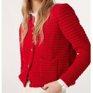 Ba&sh Gaspard Knitted Cardigan in Red Long Sleeves Cotton Button Pockets